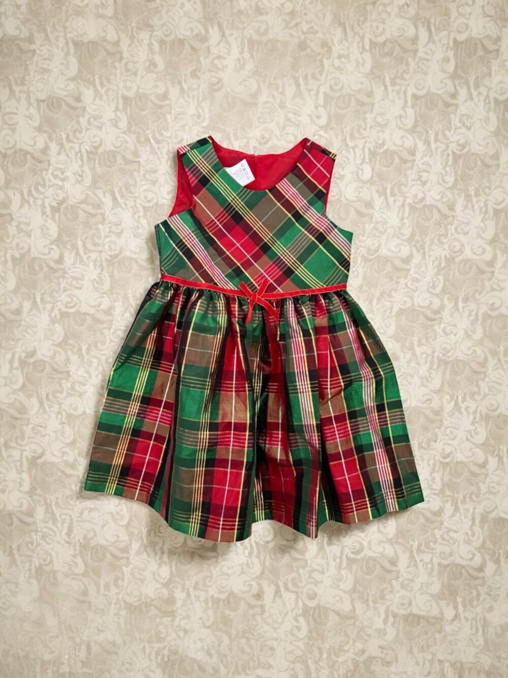 BONNIE JEAN Red Green Holiday Plaid Bow Dress Size 4T